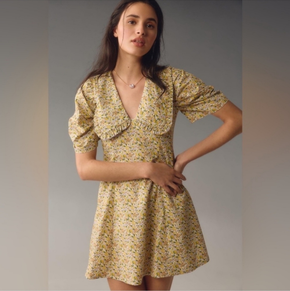 Anthropologie Yellow Lightweight Floral Cotton Collared Puff Sleeve Mini Dress